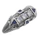 Vintage Style Art Deco Filigree Ring Sapphires White Topaz Sterling Silver - FR-1238-S-WT