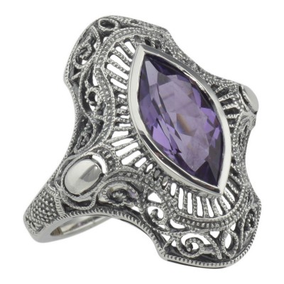 Art Deco Style Genuine Amethyst Filigree Ring - Sterling Silver - FR-125-AM