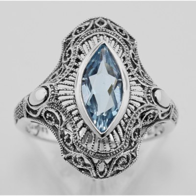 Victorian Style 1.5 Carat Blue Topaz Filigree Ring - Sterling Silver - FR-125-BT