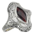Art Deco Style Genuine Garnet Filigree Ring - Sterling Silver