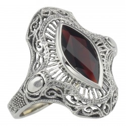 Art Deco Style Genuine Garnet Filigree Ring - Sterling Silver