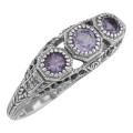 Art Deco Style Amethyst Filigree Ring w/ 4 Diamonds - Sterling Silver