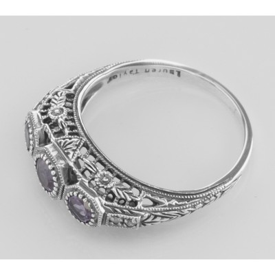 Amethyst Filigree Ring w/ 4 Diamonds - Sterling Silver - FR-126-AM