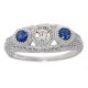 Art Deco Style White, Blue Sapphire Filigree Ring 4 Diamonds 14kt White Gold - FR-126-BS-WS-WG