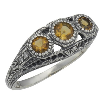 Art Deco Style Citrine Filigree Ring w/ 4 Diamonds - Sterling Silver - FR-126-C