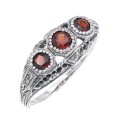 Art Deco Style Red Garnet Filigree Ring w/ 4 Diamonds - Sterling Silver