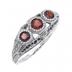 Art Deco Style Red Garnet Filigree Ring w/ 4 Diamonds - Sterling Silver