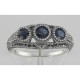 Art Deco Style Blue Sapphire Filigree Ring w/ 4 Diamonds - Sterling Silver - FR-126-S