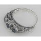 Art Deco Style Blue Sapphire Filigree Ring w/ 4 Diamonds - Sterling Silver - FR-126-S