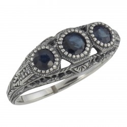 Art Deco Style Blue Sapphire Filigree Ring w/ 4 Diamonds - Sterling Silver