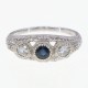 Vintage Inspired Art Deco Style White and Blue Sapphire Filigree Ring 4 Diamond accents 14kt White Gold - FR-126-WS-BS-WG