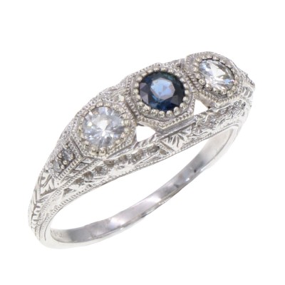 Vintage Inspired Art Deco Style White and Blue Sapphire Filigree Ring 4 Diamond accents 14kt White Gold - FR-126-WS-BS-WG