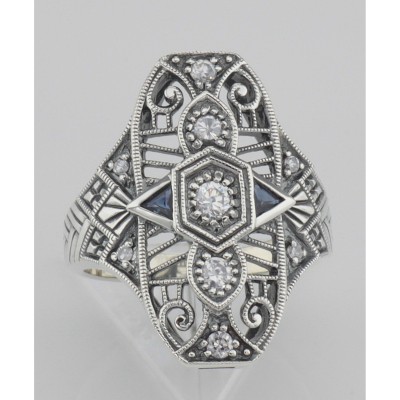 Art Deco Style CZ / Genuine Sapphire Filigree Ring - Sterling Silver - FR-1261