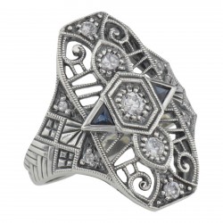 Art Deco Style CZ / Genuine Sapphire Filigree Ring - Sterling Silver