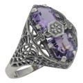 Art Deco Style 2 Stone Amethyst and Diamond Filigree Ring Sterling Silver