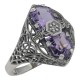 Art Deco Style 2 Stone Amethyst and Diamond Filigree Ring Sterling Silver - FR-1267-AM