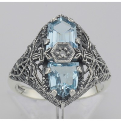 Art Deco Style 2 Stone Blue Topaz and Diamond Filigree Ring Sterling Silver - FR-1267-BT