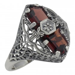 Art Deco Style 2 Stone Garnet and Diamond Filigree Ring Sterling Silver