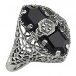 Art Deco Style Black Onyx Filigree Ring with Diamond - Sterling Silver