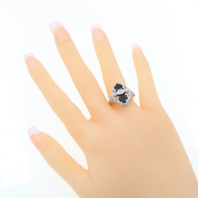 Vintage Inspired Art Deco Style Black Onyx Filigree Ring with Diamond Center 14kt White Gold - FR-1267-O-WG