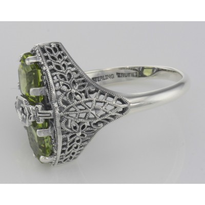 Art Deco Style 2 Stone Peridot and Diamond Filigree Ring Sterling Silver - FR-1267-P