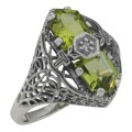 Art Deco Style 2 Stone Peridot and Diamond Filigree Ring Sterling Silver