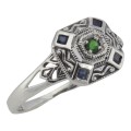 Emerald and Sapphire Filigree Ring - Deco Style - Sterling Silver
