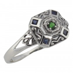 Emerald and Sapphire Filigree Ring - Deco Style - Sterling Silver