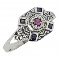 Sapphire / Ruby Filigree Ring - Deco Style - Sterling Silver