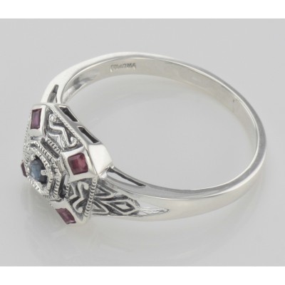 Sapphire / Ruby Filigree Ring - Deco Style - Sterling Silver - FR-1269-S-R