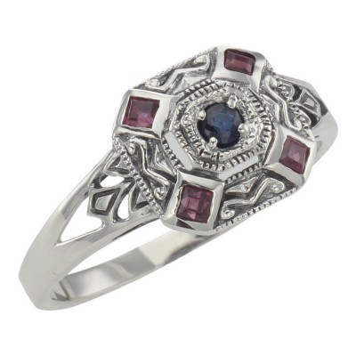 Sapphire / Ruby Filigree Ring - Deco Style - Sterling Silver - FR-1269-S-R