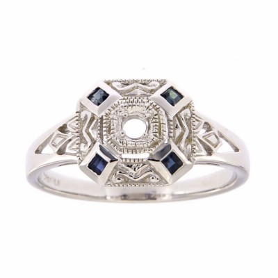 Art Deco Style Semi Mount Blue Sapphire Filigree Ring - 14kt White Gold - FR-1269-SEMI-WG
