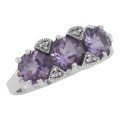 Art Deco Style 3 Stone Amethyst  Diamond Filigree Ring - Sterling Silver