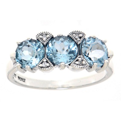 Lovely Art Deco Style 3 Stone Blue Topaz  Diamond Ring - Sterling Silver - FR-129-BT