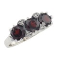 Lovely Art Deco Style 3 Stone Red Garnet  Diamond Ring - Sterling Silver