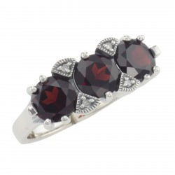 Lovely Art Deco Style 3 Stone Red Garnet  Diamond Ring - Sterling Silver