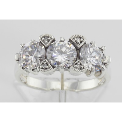 Lovely Art Deco Style 3 Stone White Topaz and Diamond Ring - Sterling Silver - FR-129-WT