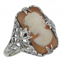 Hand Carved Italian Shell Cameo Filigree Ring - Sterling Silver