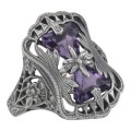 Art Deco Style Amethyst Filigree Ring with Flower Design - Sterling Silver