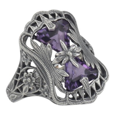 Art Deco Style Amethyst Filigree Ring with Flower Design - Sterling Silver - FR-1311-AM