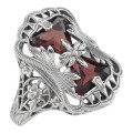 Antique Style Garnet Filigree Ring with Flower Design - Sterling Silver