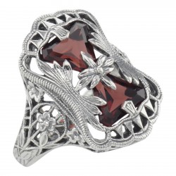 Antique Style Garnet Filigree Ring with Flower Design - Sterling Silver