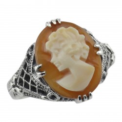 Hand Carved Italian Cameo Filigree Ring Sterling Silver