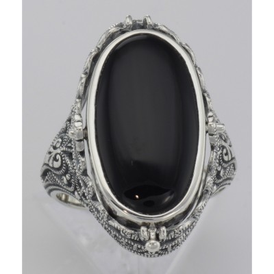Antique Style Black Onyx and Lapis Filigree Flip Ring - Sterling Silver - FR-148-O-L