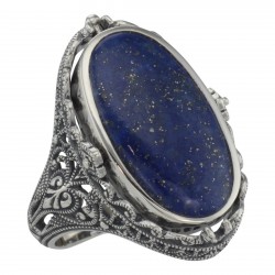Antique Style Black Onyx and Lapis Filigree Flip Ring - Sterling Silver