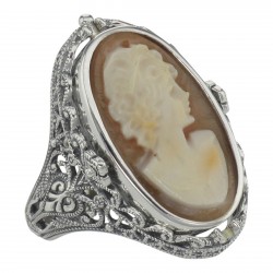 Hand Carved Italian Shell Cameo / Onyx Filigree Flip Ring - Sterling Silver