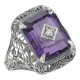 Art Deco Style Amethyst and Diamond Ring - Sterling Silver - FR-15-AM-D