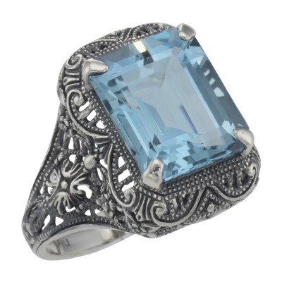 Art Deco Style Genuine Emerald Cut Blue Topaz Ring - Sterling Silver - FR-15-BT