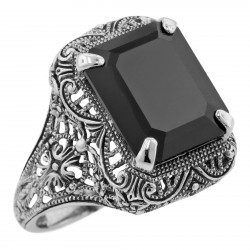 Onyx Filigree Ring - Sterling Silver
