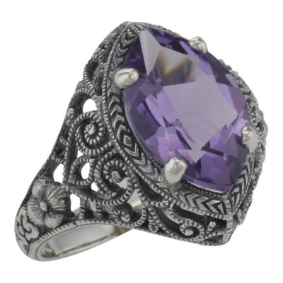 Victorian Style Amethyst Filigree Ring Sterling Silver - FR-150-AM
